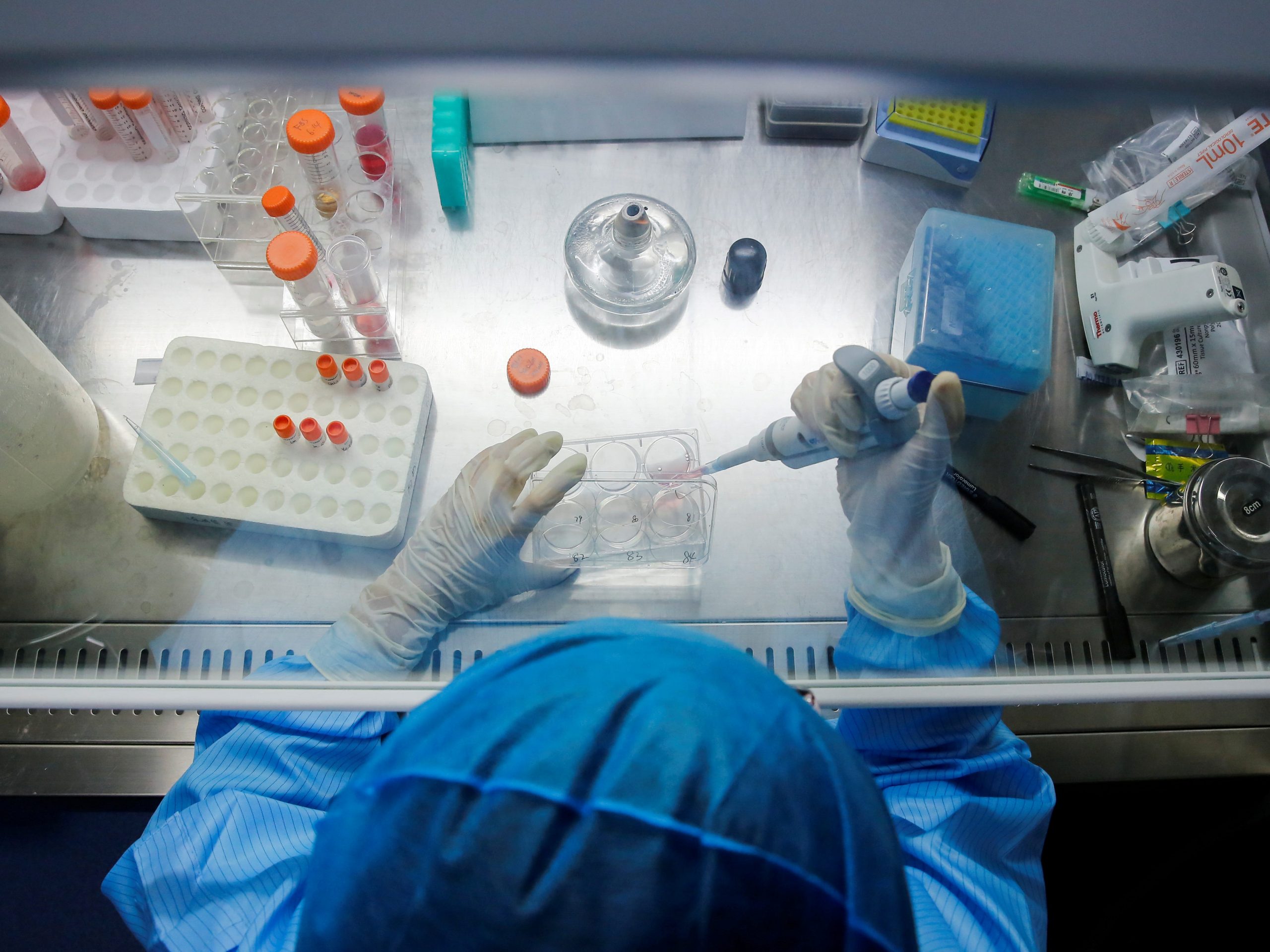 FILE PHOTO: A technician works with genome samples at a lab of the biotech company Sinogene that specialises in dog cloning, in Beijing, China June 15, 2018. REUTERS/Thomas Peter/File Photo