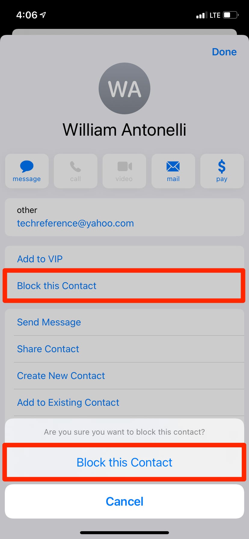 iphone block a contact