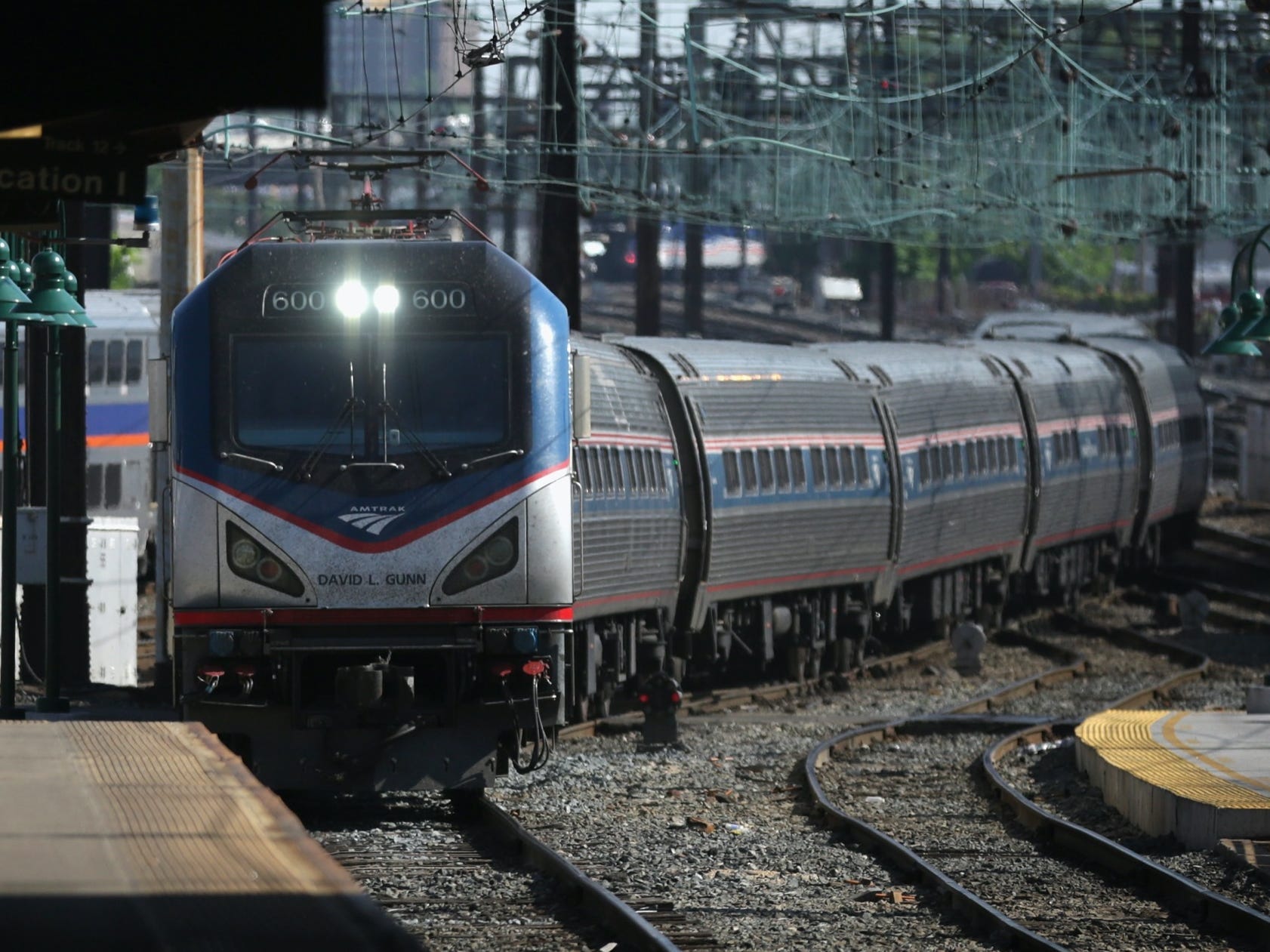 An Amtrak train pulling into the station.