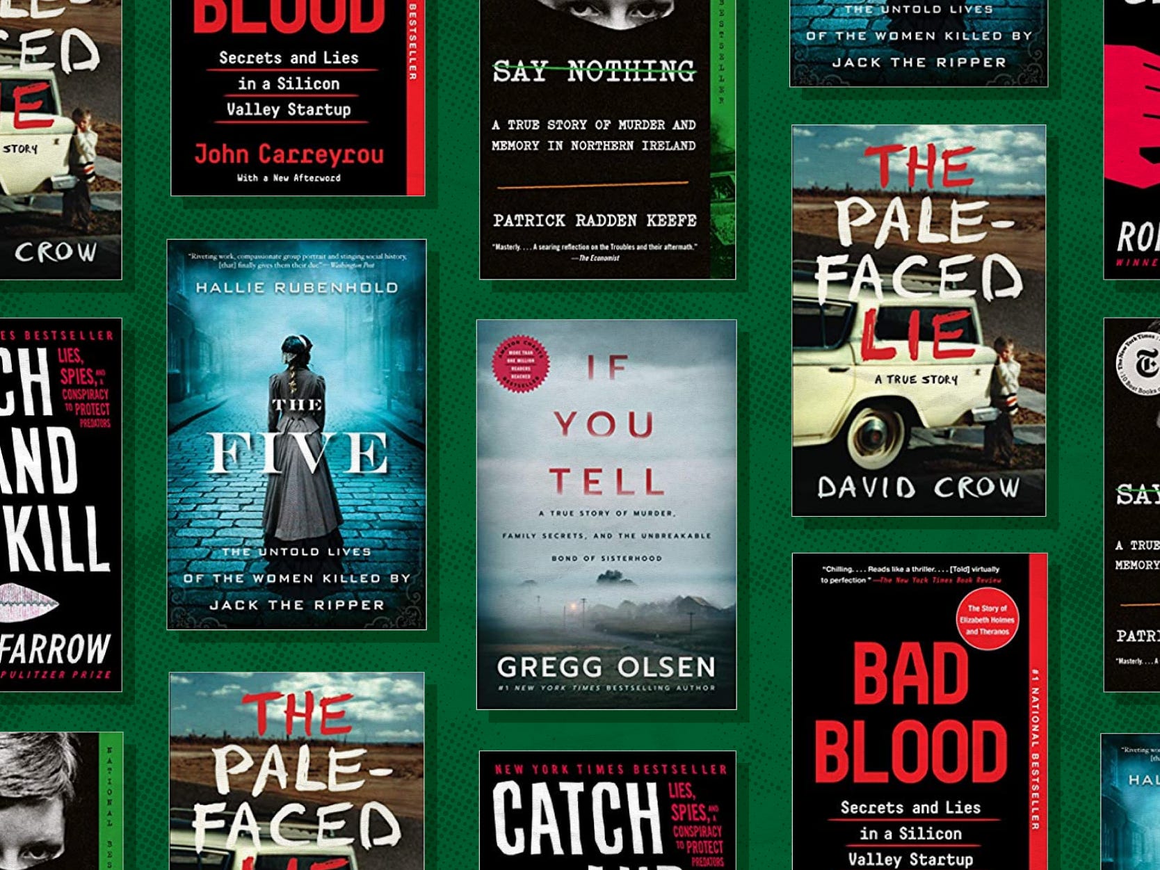 Pattern of the best true crime books, including Catch and Kill, and Bad Blood on green background