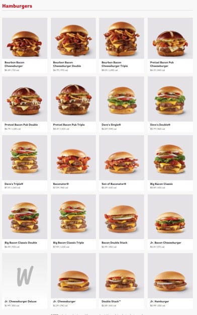 Wendy's online ordering website burgers