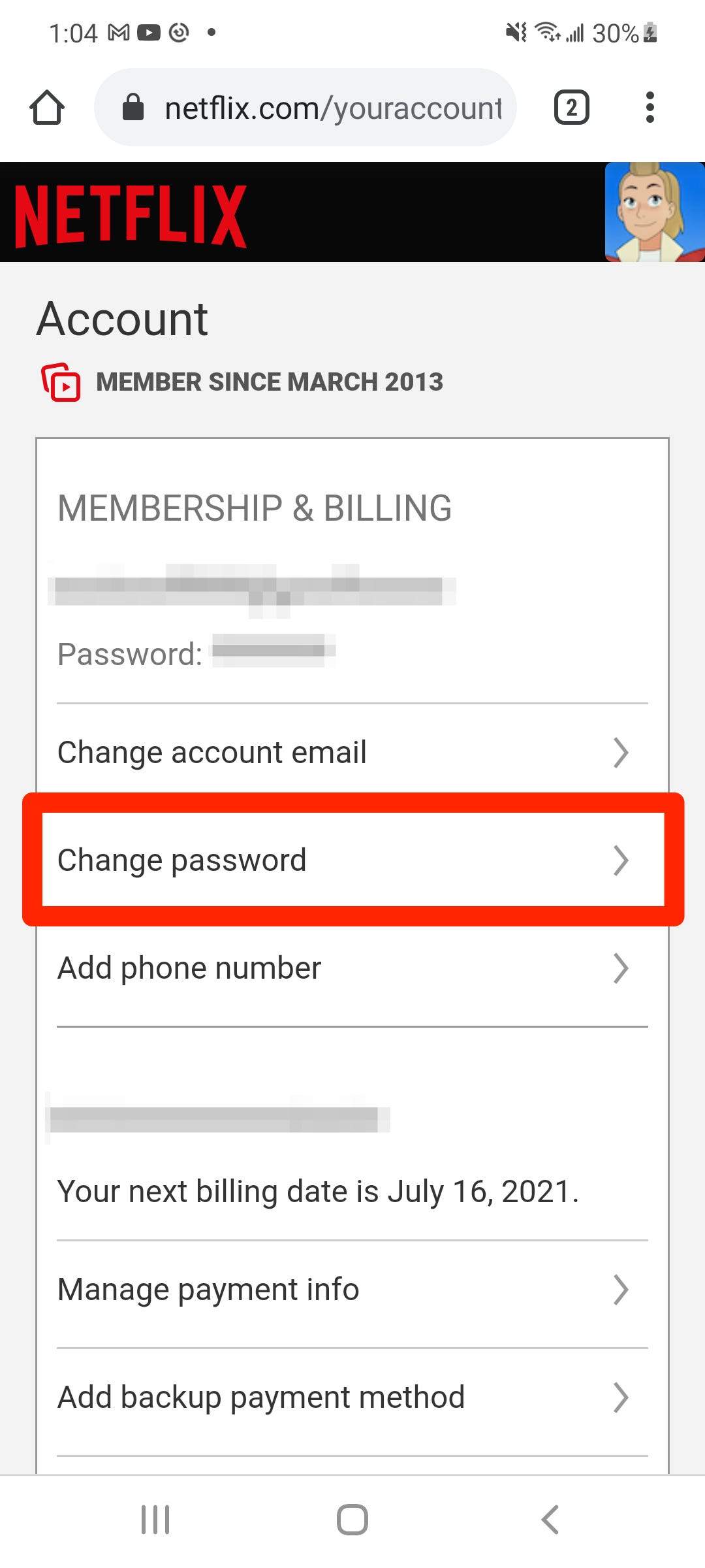 A Netflix account's options page, with the "Change password" option highlighted.