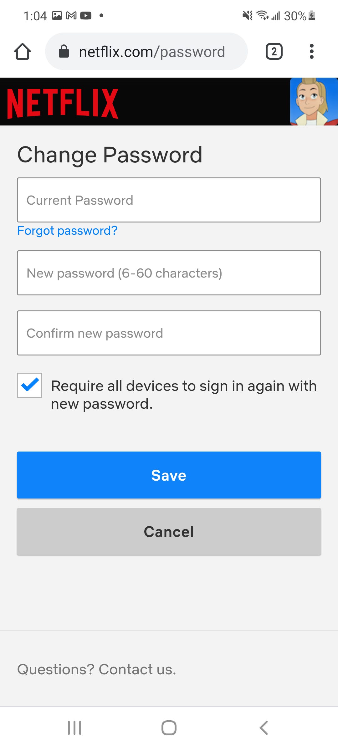 Netflix's "Change Password" page.