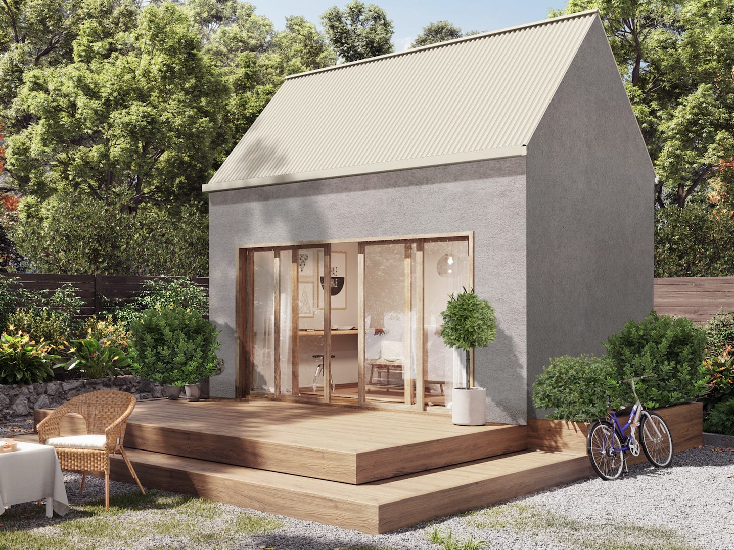 The exterior of the Coexist Traveler build among trees and outdoor seating