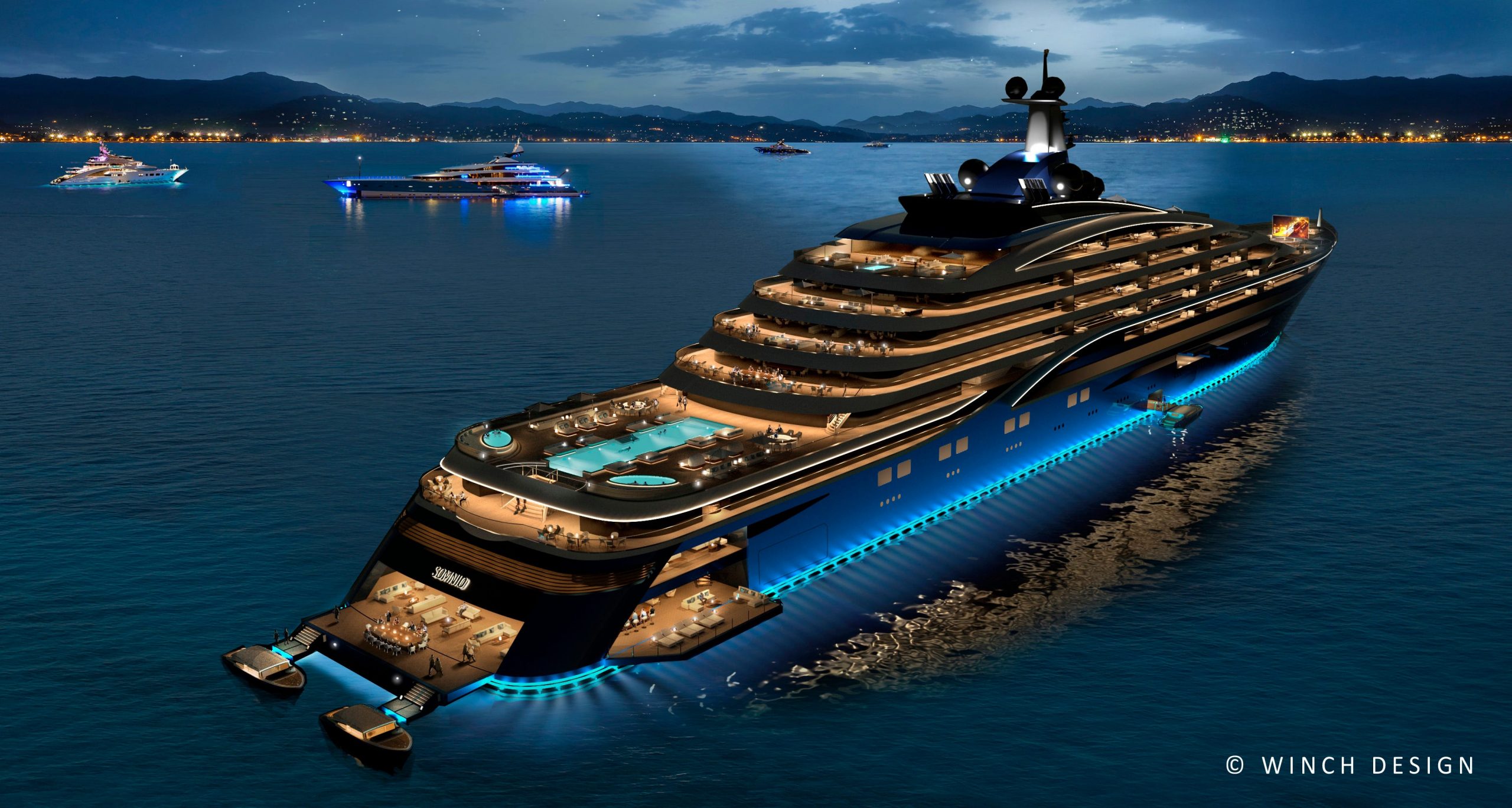 Picture of the lit-up superyacht in the night