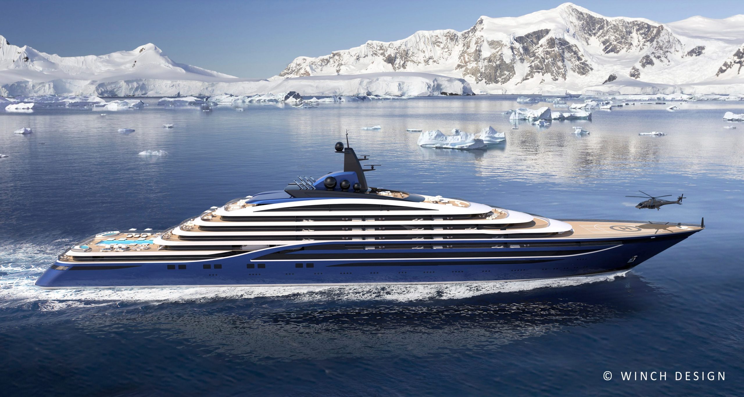 Picture of the superyacht travelling through icy waters