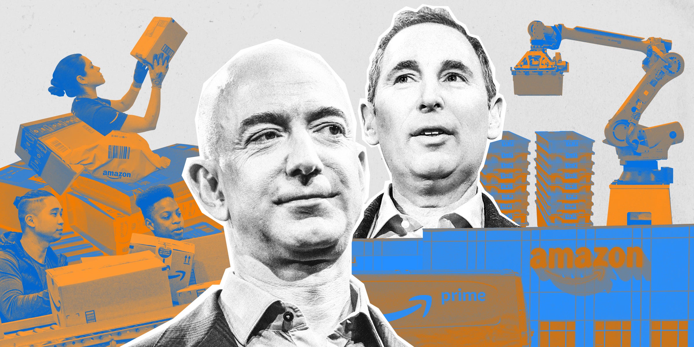 Jeff Bezos and Andy Jassy surrounded by images of workers and robots in Amazon warehouses