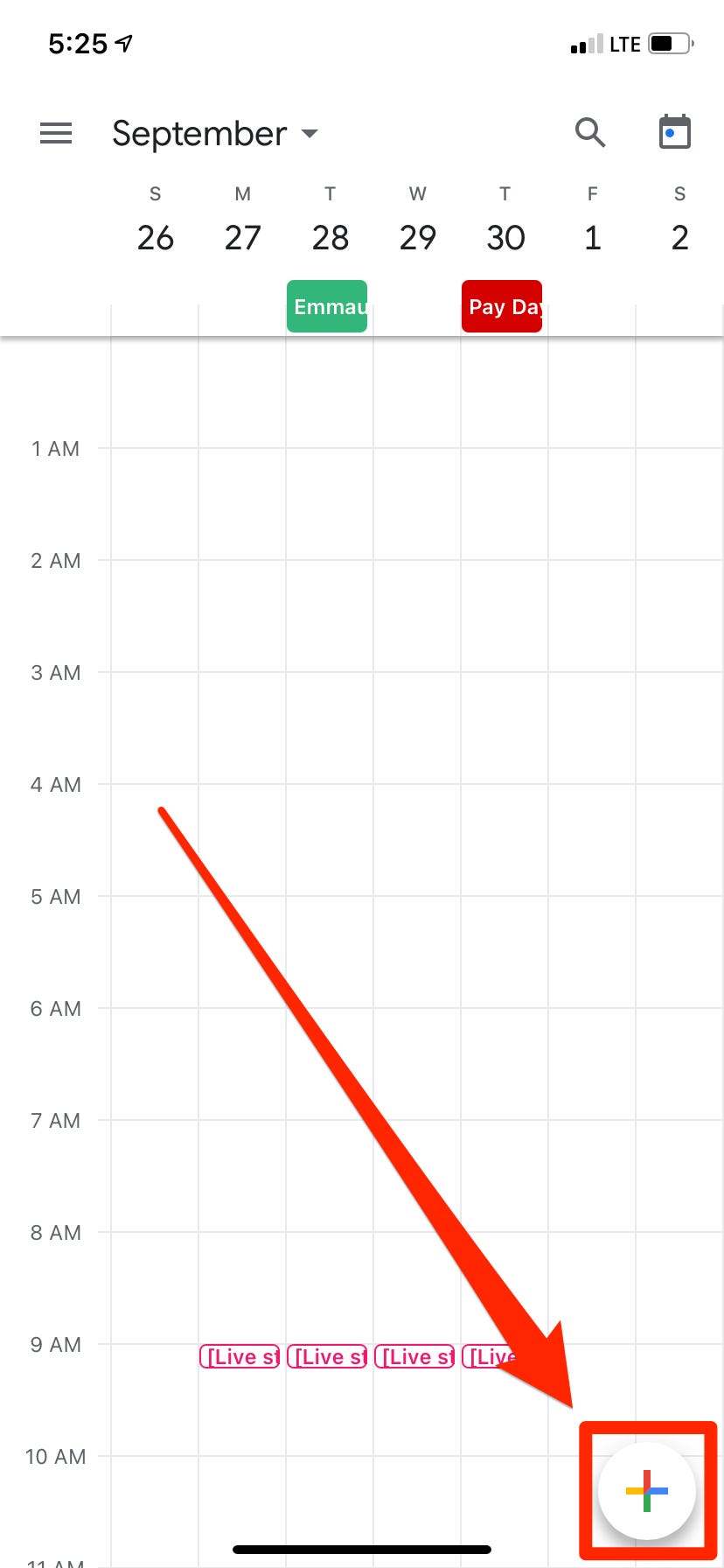 The Google Calendar app with the "create event" icon highlighted.