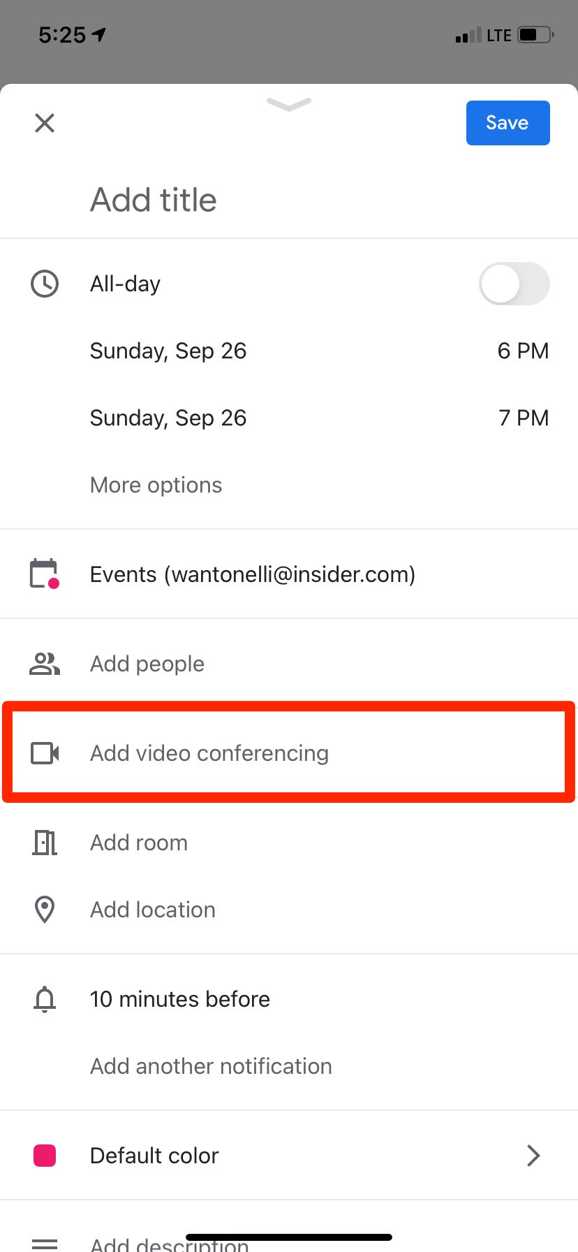 A Google Calendar event creation page, with the video conferencing option highlighted.