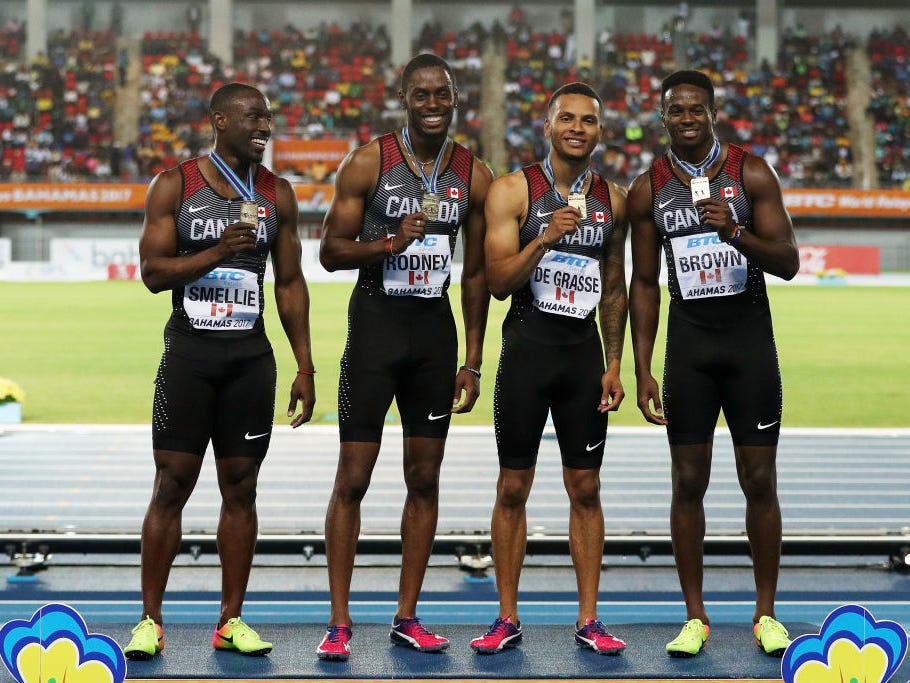 canada track athletes posing with gold medals