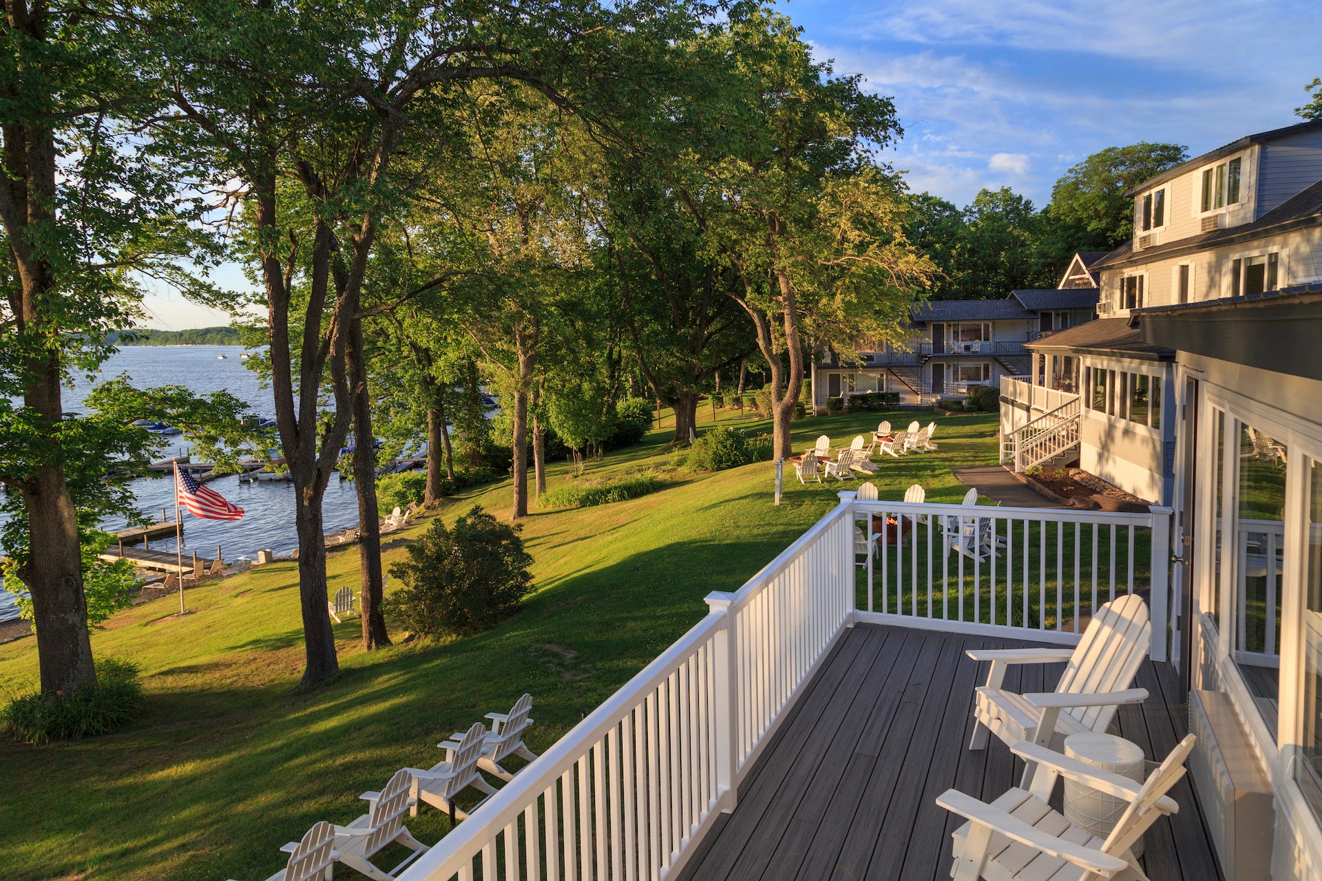 Residential backyards situated on a lake.