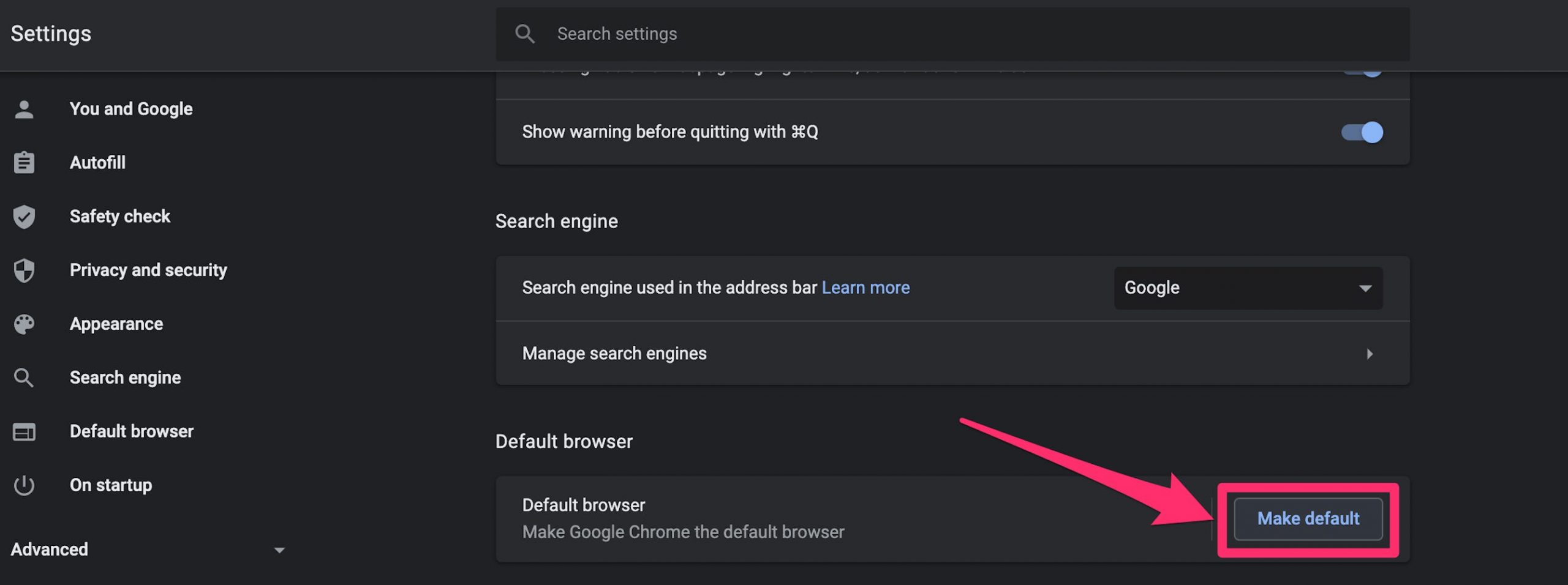 Screenshot of Chrome Preferences page, Default Browser section