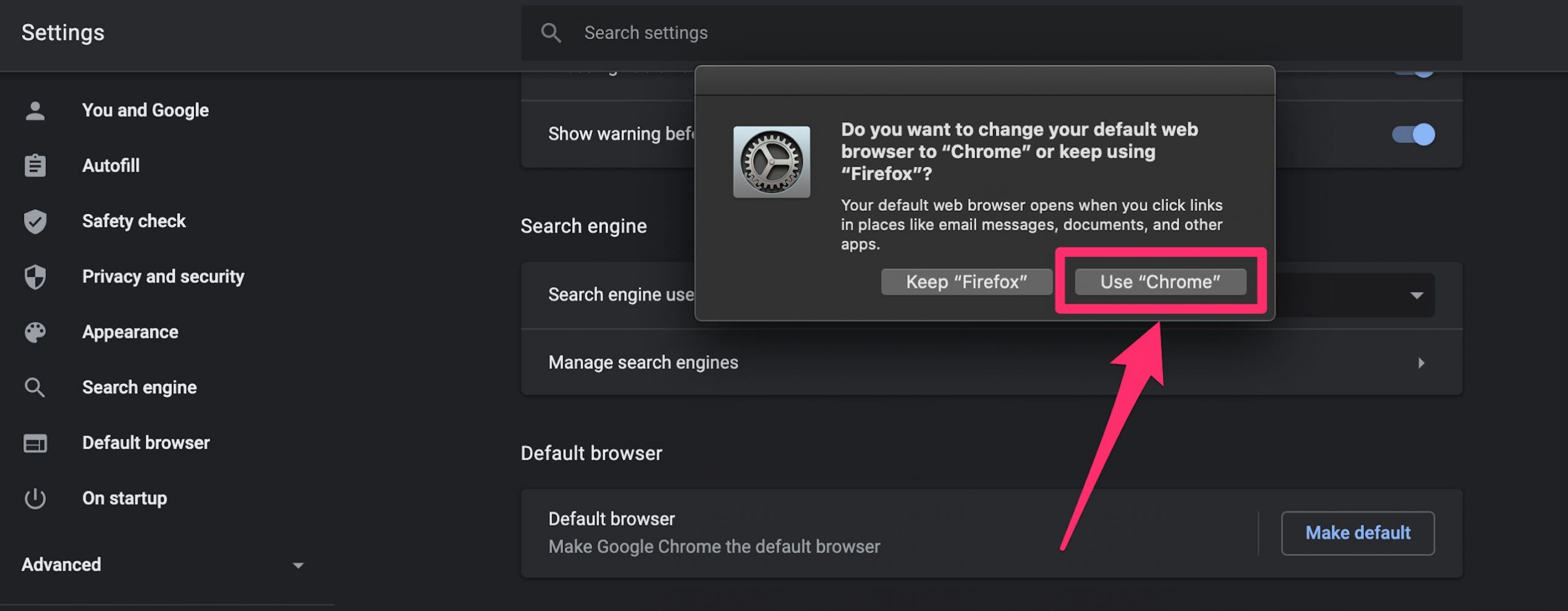 Screenshot of "Use Chrome" pop-up window