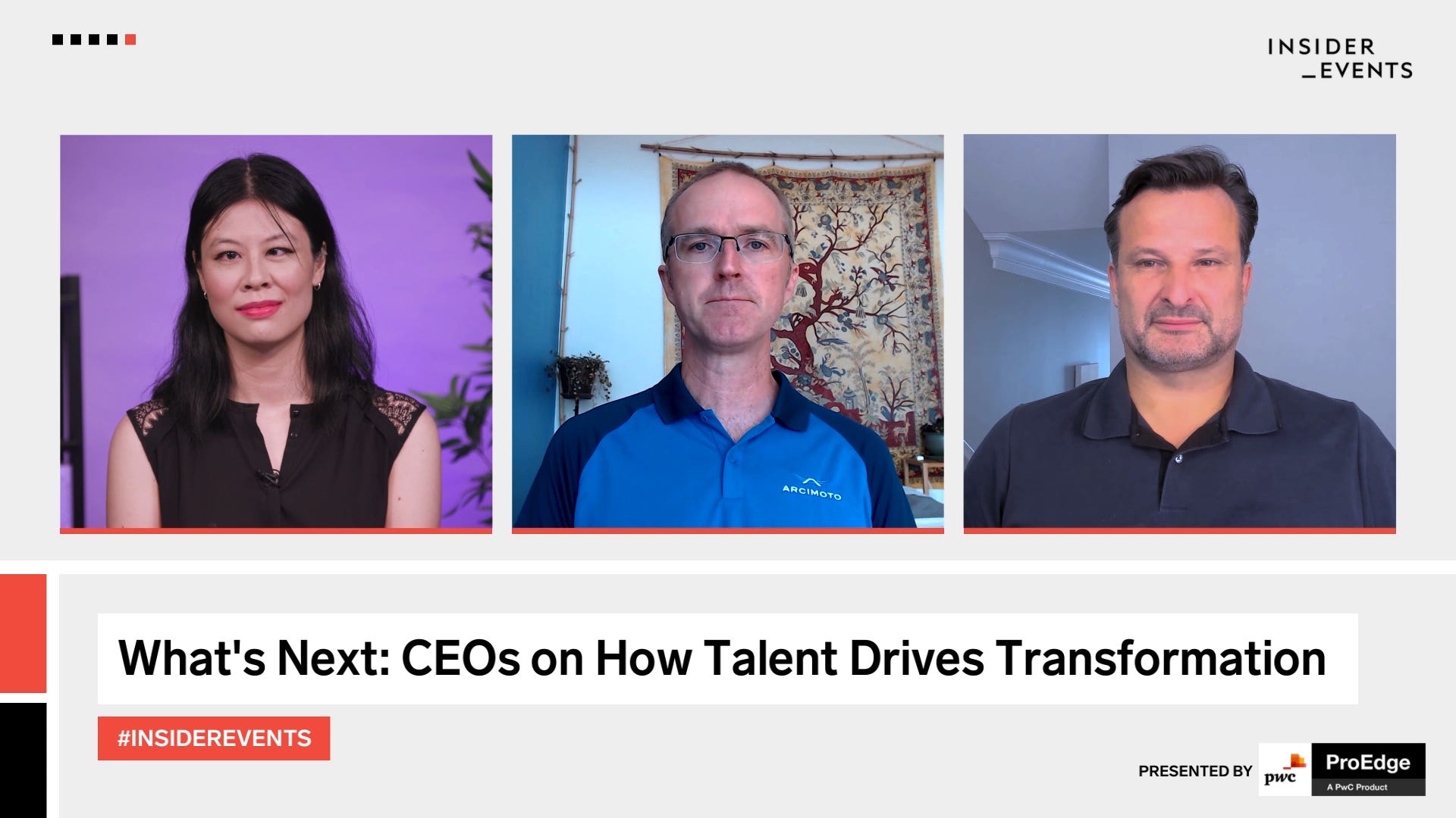 Insider's Karen Ho interviews Mark Frohnmayer, founder and president of electric-vehicles maker Arcimoto (c) and Are Traasdahl, CEO at Crisp, a food-supply analytics software platform, during an Insider virtual event on June 29, 2021