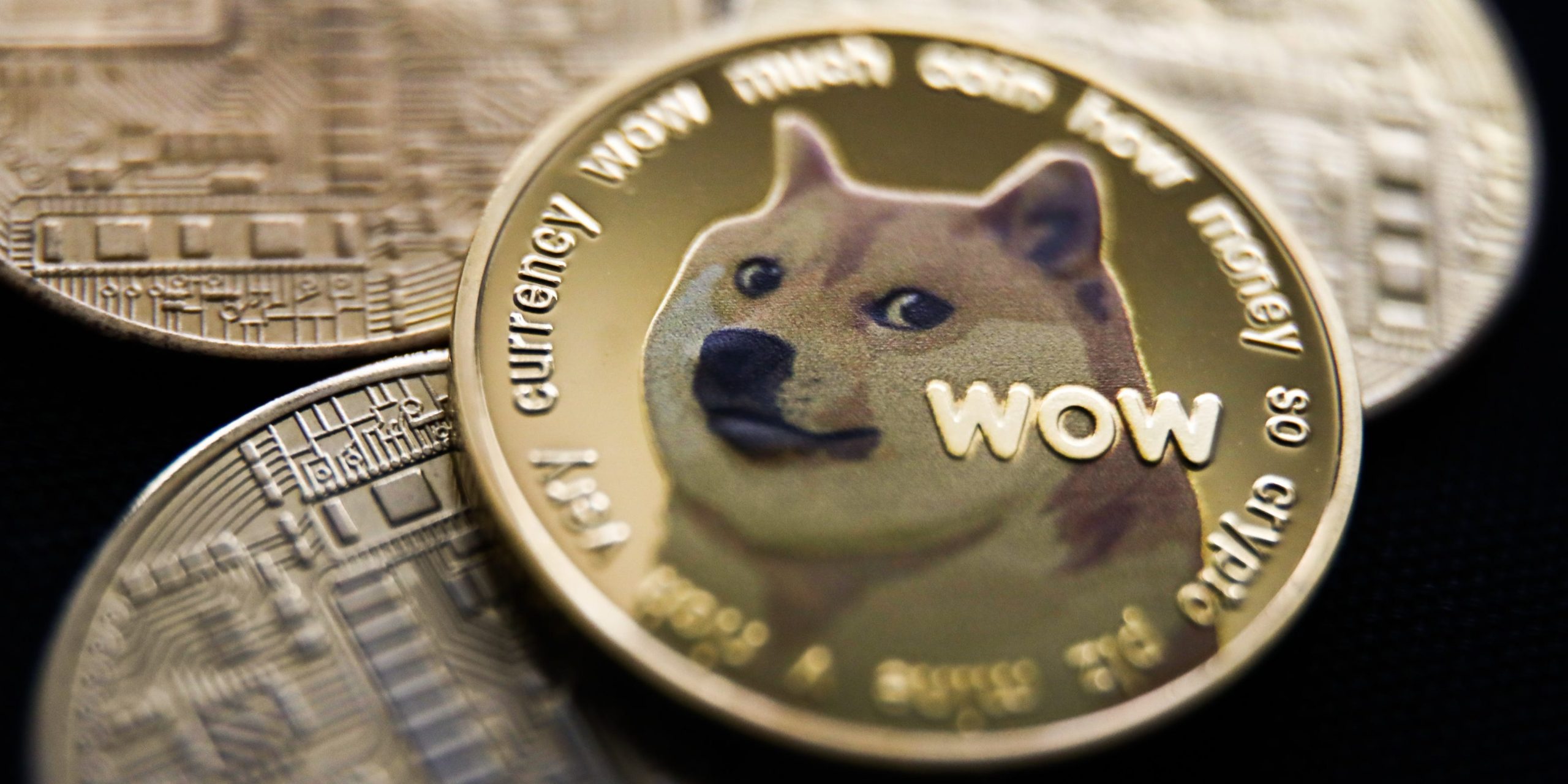 Dogecoin and other gold coins on black background